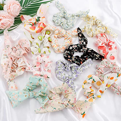 Ondder Hair Scrunchies For Women 15 Pcs Hair Scrunchies For Women’s Hair Cute Girls Bow Scrunchies For Hair Ribbon Scrunchies With Bow Elastic Hair Ties Bands Ponytail Holder Hair Accessories For Women Girls Kids - Floral & Fruit Print #TOP6