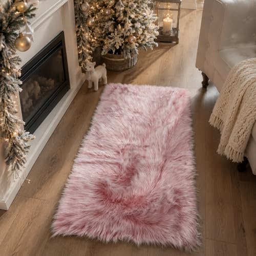 EasyJoy Faux Sheepskin Rug, Fluffy Faux Fur Rug, Ultra Soft Shag Area Rug with Non-Slip Backing for Bedroom, Living Room, Nursery, Kids Room(2 x 4 ft Rectangle, Frosted Bottom Pink)