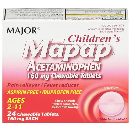 MAJOR Childrens Mapap Acetaminophen 160 mg Chewable Tablets - Pain Reliever/Fever Reducer - Aspirin Free - Ibuprofen Free - for Ages 2 to 11-24 Count (1 Pack)