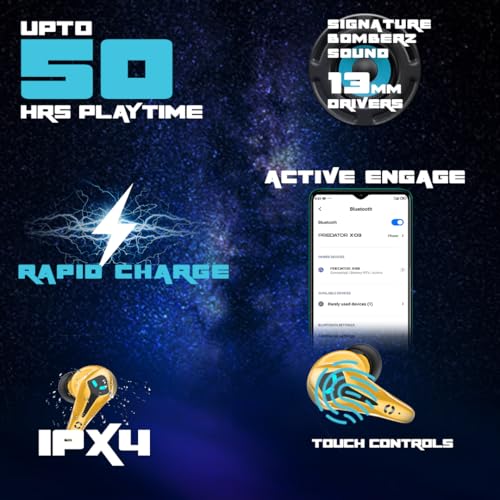 Image of HOPPUP Predator Xo3 Gaming Earbuds with 35MS Low Latency, 13MM Drivers & 50H Playtime Bluetooth (Yellow, True Wireless)