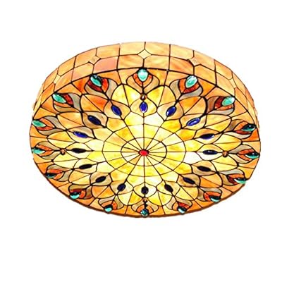Vintage Tiffany Ceiling Light Hand-Made Colorful Chandelier Flush Mount Lighting Fixture, Lampshade with Colorful Design Decor (20 Inch)