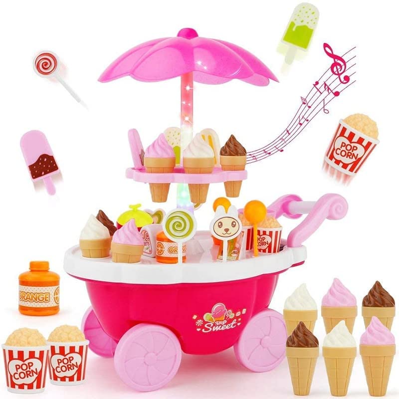 KAOMOJI Ice Cream Trolley Toys Cart Play Set for Kids - 39-Piece Pretend Play Food - Educational Ice-Cream Trolley Truck - Ages 3-12 Years Old (with Music - Light)