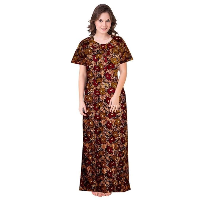 Women's Cotton Printed Maxi Nightgown Nighty for Women Ankle Length Night Dress - Pack of 1 (Brown)-image-37