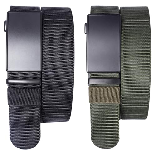 Men's Nylon Ratchet Belt, 2 Pack Casual Web Click Belt with Slide Buckle for Jeans, No Holes Adjustable Trim to Fit3