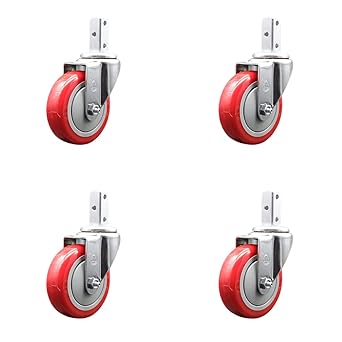 Swivel Square Stem Caster Set 4 w/4 x 1.25 Red Polyurethane Wheel - 7/8 x 2 Square Stem with (3) 17/64 Diameter Mounting Holes - Includes 4 Swivel - 1400 lbs. Cpty/Caster - Service Caster Brand
