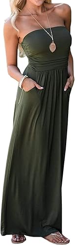 PRIMODA Vestido largo sin tirantes para mujer, diseño floral, bohemio, con bolsillos