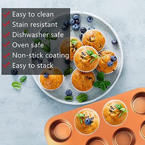 Nonstick Baking Pans Set, 5-Piece Kitchen Baking Sheets For Oven, Bakeware Sets With Round/Square Cake Pan, Muffin Pan, Loaf Pan, Roast Pan, Mobzio Cookie Sheet Set Baking Supplies (Copper) #TOP2