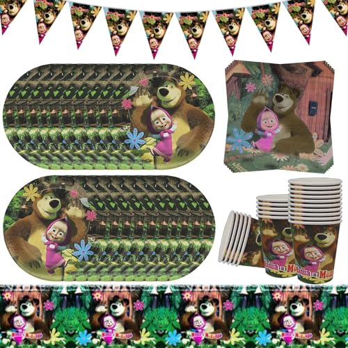 Doyomtoy Conjunto de louça de festa de aniversário de Masha e urso, 62 unidades, inclui 1 toalha de mesa, 20 pratos, 20 chávenas e 1 bandeira triangular, Masha e urso, louça de decoração para 20