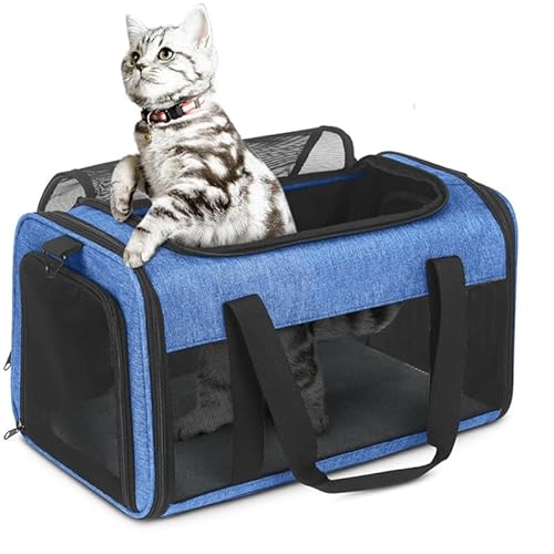 THKWOO ペットキャリー 猫 キャリーバッグ 折りたたみ式 犬用キャリーバッグ タイロッド固定ストラップデザイン 3面大きな窓 通気性が良い 猫 ウサギ 小型犬 小動物に最適 お出かけ/ドライブ/旅行/通院/防災 避難用 耐荷重6Kg (43*28*2