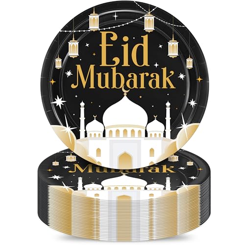 SJcysrilla 50PCS Eid Mubarak Plates Ramadan Decorations Happy Eid Islamic Muslim Party Decoration Supplies