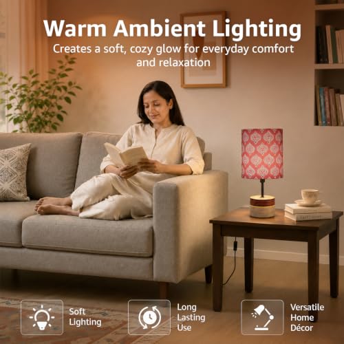 Image of Amazon Basics Phulwari Crimson Table Lamp | Hand-Painted Mango Wood Base with Printed Polyester Shade | E14 Holder | Decorative Night Lamp for Bedroom, Living Room & Study Room | Home Decor Gift