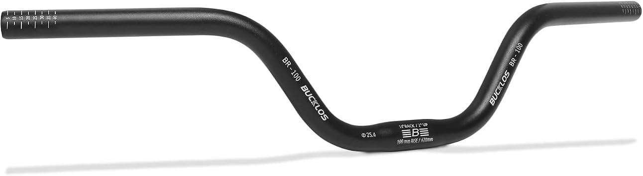 BUCKLOS 25.4mm Mountain Bike Handlebars 620mm - 100mm Rise MTB Handlebar | 6061 aluminum alloy, hard anodized & CNC bent, 25.4mm clamp, 620mm width, cut marks for width adjust for MTB,folding,ebike