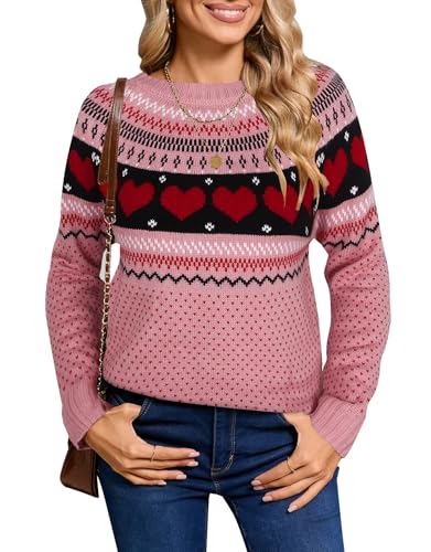 Image of Women's Fair Isle Pullover Sweaters Long Sleeve Crewenck Loose Casual Cute Heart Valentine Sweater Pink Small