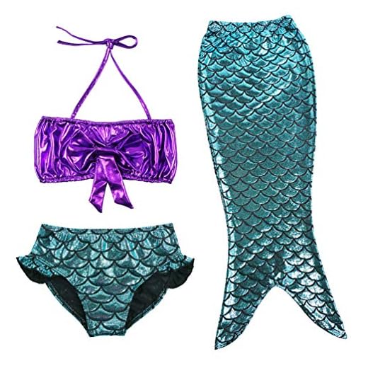TFJH E 3PCS Kids Girls Fancy Princess Swimmable Mermaid Tail Set, Dark Blue, 4-5Years(Tag No 110)