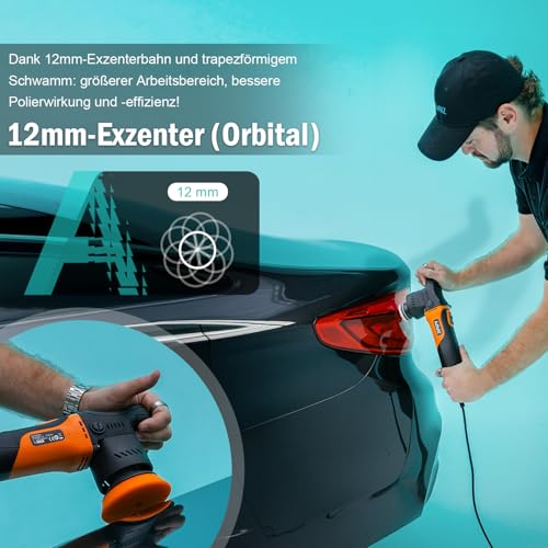 AUTIWOZ W02 Exzenter Poliermaschine Mini,630W Auto Polieren von Scheinwerfern,12mm Orbit Poliur für Details/Gesamte Fahrzeug,50mm/75mm Stützteller,2500-7000RPM,Kratzwaxer Wachsen Polier Schleifen