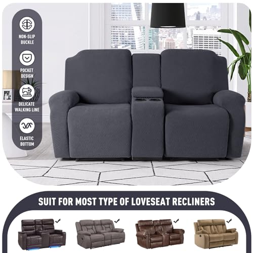 Image of KinCam Loveseat Recliner Covers with Middle Console Slipcover, Recliner Sofa Covers 2 Seat Couch Cover Stripe Jacquard Furniture Protector Covers with Elastic Bottom for Kids, Pets (Charcoal Gray)