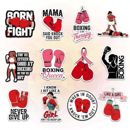 12 Pcs Boxing Stickers Set, Motivational Female Fighter Designs with Quotes Like Born to Fight, Boxing is My Therapy, Like a Girl Try to Keep Up, Stickers for Laptop, Bottle, Phone, Helmet 3 Inches