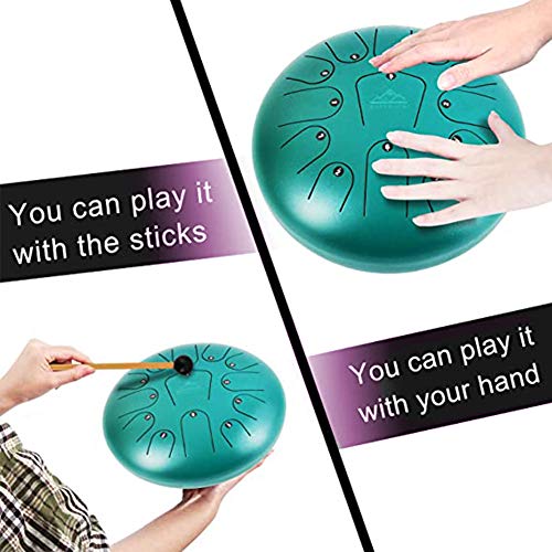 TOSFOGO 13 Notes 12 Inches Steel Tongue Drum Percussion Instrument Hand Pan Drum with Travel Bag, Music Book, Mallets(Green) - Thumbnail 7