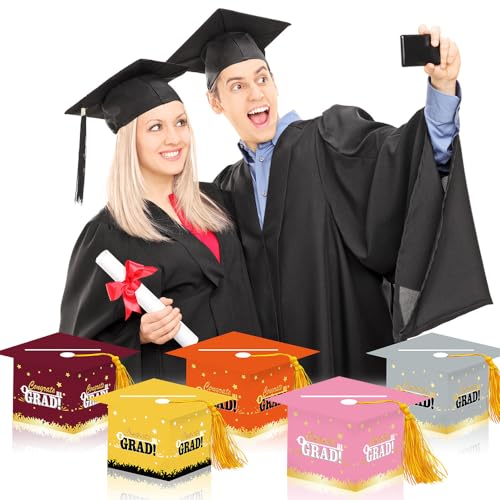 Image of 2026 Graduation Party Card Box, Pink Gold Congrats Cap Card Holder Box with Tassel for 2026 Graduation Party Decoration