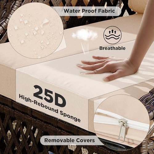 Image of HOMREST 3 Piece Patio Rattan Ottomans Set,Outdoor PE Wicker Footstool w /Removable Cushion, Storage Coffee Table & Multipurpose Footrest Stool for Porch, Poolside, Garden, Deck(Khaki)