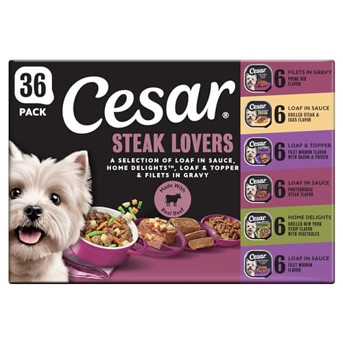 Cesar Adult Wet Dog Food Steak Lovers Variety Pack with Real Meat, 3.5 oz. Easy Peel Trays, 36 Count...