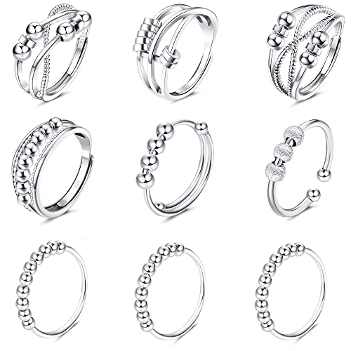 JeweBella 6/9 Pièce Bague Anti Stress Femme avec Perles Bague d'Anxiete Réglable Bague Anneau Argent Tournant Anneau Ouvert Spinner pour Femme Fille