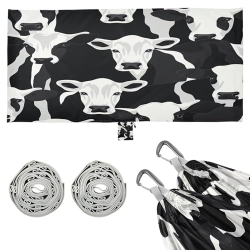 SDMKA Cow Print Camping Hammock, 330 lbs with 2 Tree Straps, Carry Bag, Single Portable Hammock for Outdoor/Indoor, Hiking, Beach, Backpacking, Travel