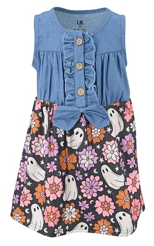 Image of Unique Baby Girls Sleeveless Denim Dress with Knot Tie and Fun Print for Toddler and Big Kids
