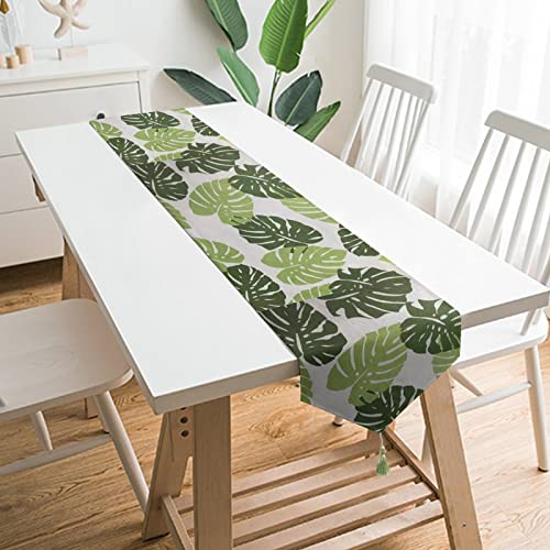 Tropical Table Runner, Hawaii Table Runner, Coffee Table Runners 72 Inches Long White & Green For Holiday Party, Vacation House, Dining Table Decor #TOP1