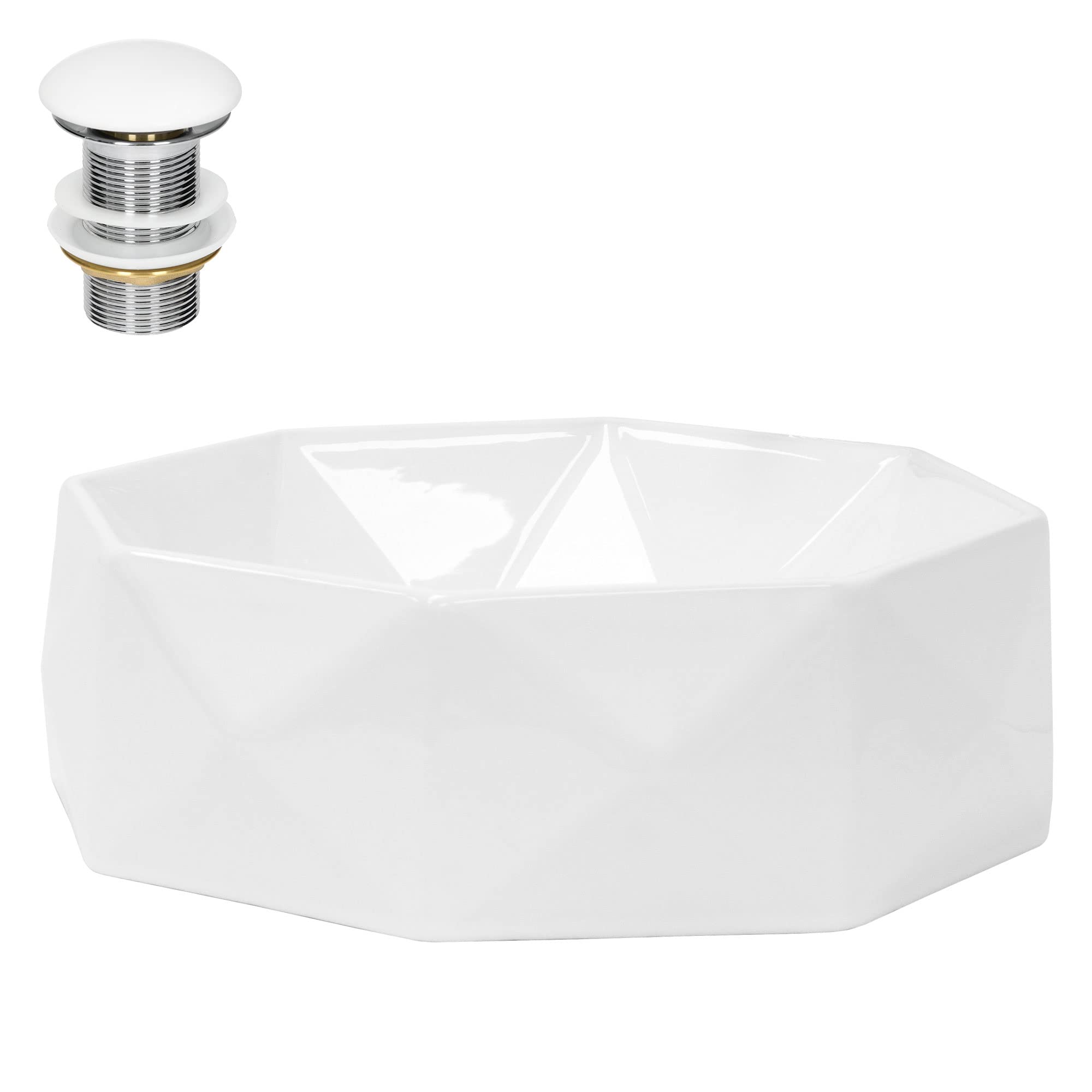 LuxeBath Lavabo Cerámica Blanco Brillante En Forma De Diamante Ø 420 x 135 mm Incl. Juego De Desagüe Sin Rebosadero 100 mm Lavamanos Moderno De Encimera/Colgante Con Fijación A La Pared Para Baño