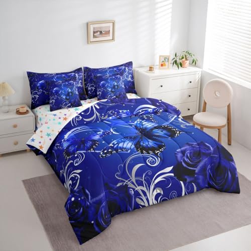 Image of Feelyou Cute Butterfly Comforter Set Twin Size 7 Pieces 3D Butterflies Bedding Set Kids Boys Girls Galaxy Dreamy Bed in a Bag with Comforter, Sheets, Pillowcases, Cushion Covers Glitter Rose Floral