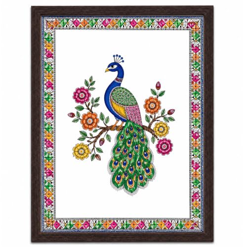 Image of PAPER PAJAMA Peacock Wall Art for Living Room | Madhubani Peacock Bird Painting | Traditional Mithila Folk Art Framed Decor for Home, Bedroom & Office (10x13 Inches)