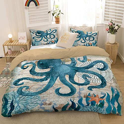 MUSOLEI Ocean Comforter Set Queen Size Four Seasons Quilt Kids Octopus Bedding Collections Soft for Teen Boys Turquoise Ocean Themed Mediterranean Style Printed Quilt Set Kids Gift