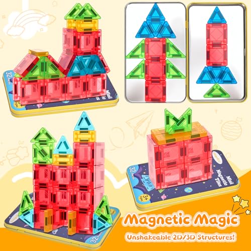 Image of Magnetic Tiles Magnetic Blocks Building Toy: Portable Mini Magnetic Tiles Travel Set 32 Pieces Montessori Toys Birthday Gift for Kids Girls and Boys Ages 3-12 Years Old Preschool Classroom Must Haves