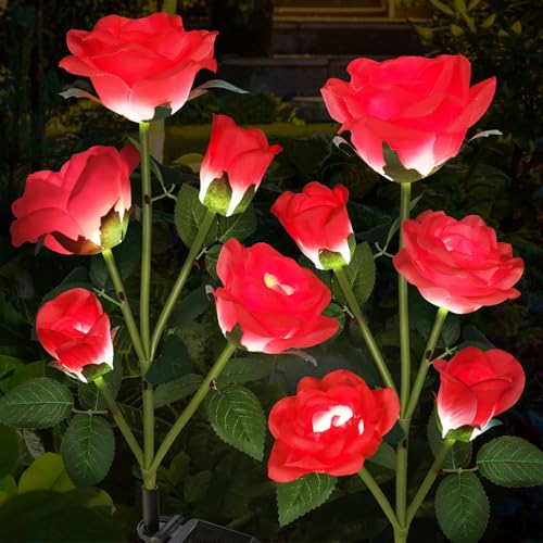 Etre Jeune Solar Garden Lights, Solar Outdoor Lights with More Realistic 10 Rose Waterproof Solar Powered Flowers for Outside Patio Yard Pathway Decorations, 2 Pack Red by Etre Jeune - Used condition - US$18.44