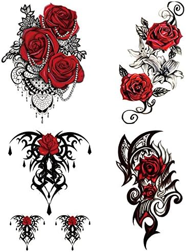 Yesallwas 4 Sheets Large Temporary Tattoo Sticker Fake Tattoos for Women Girls Models,Waterproof Long Lasting Body Art Makeup Sexy Realistic Arm Tattoos -Rose, Flowers，Jewelry 5.9x8.26inche (A)