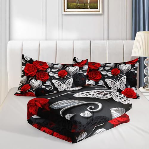 Image of QOOMO Red Flowers Kids Bedding Set,Cartoon Plants Comforter Set Full Size for Boys Girls Teen Room Decorat,Soft Lightweight Bed Set All Season,1 Comforter 2 Pillowcases