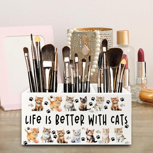 Image of Cat Pen Pencil Holder Organizer for Desk, Cat Lovers Mom Lady Gifts for Women, Life Is Better with Cats Wooden Box Signs Decorations for Home Office Desk Tabletop, Gifts for Pet Lovers
