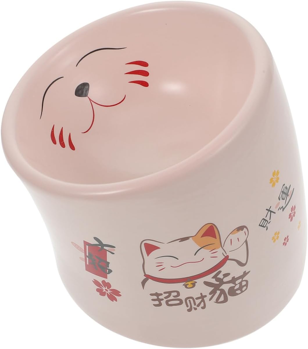 Ceramic Cat Food Bowl Neck Protection Elevated Pink Anti-Spill Pet Feeder Dish for Kittens and Cats