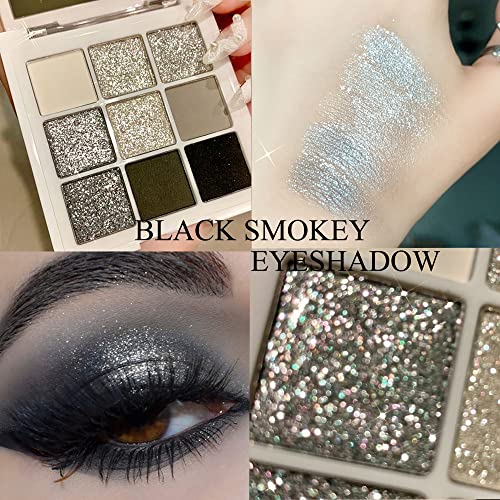 Yeweian Black White Smokey Eyeshadow Palette, 9 Colors Matte Glitter Eyeshadow Makeup Palette Silver Gray Eye Shadow For Girls And Women, With Prism Mirror #TOP2