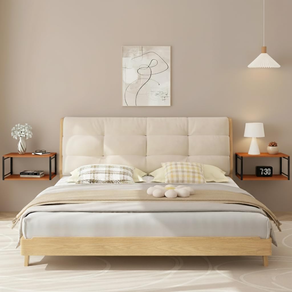 Wall Mounted Nightstand with Storage Shelf, Floating Bedside Table with Hooks, Space-Saving Modern Nightstand for Bedroom, Living Room, or Dorm