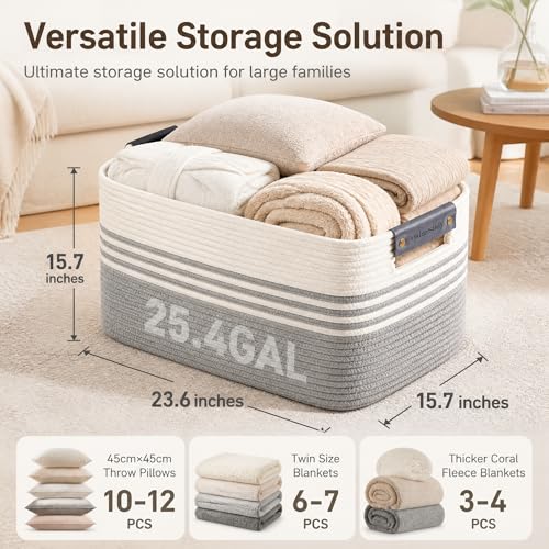 Image of Cotton Rope Laundry Basket Extra Large, 25.4GAL Collapsible Woven Storage Baskets for Living Room Kids Toys Stuffed Animal,Boho Rectangular Decorative Hamper for Dirty Clothes, Blankets White Grey