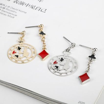 Queen of Hearts Earrings for Women, Red Heart Playing Card Stud Earrings, Long Cat Bunny Dangle Earrings, Funny Cartoon Costume Accessories for Halloween