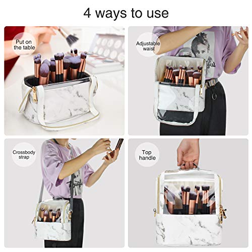 Makeup Brush Case Stand-up Makeup Cup Makeup Brush Holder Travel Professional Cosmetic Bag Artist Storage Bag with Shoulder Strap and Adjustable Divider (Marble)