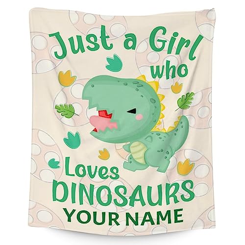 Personalized Dinosaur Blanket Gifts with Name - 30"x40" Cute Throw for Girls - Green Soft Fuzzy Blankets for Couch & Office