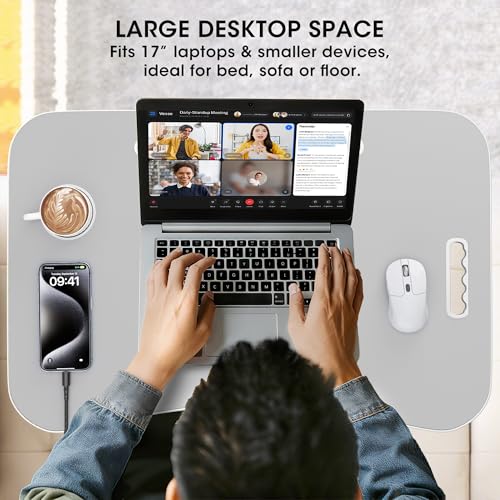 Image of Folding Lap Desk, 23.6 Inch Wood Laptop Bed Desk with Cup Holder, Portable Bed Table for Working Writing Reading, Eating for Bed, Floor, Sofa, Couch - Grey