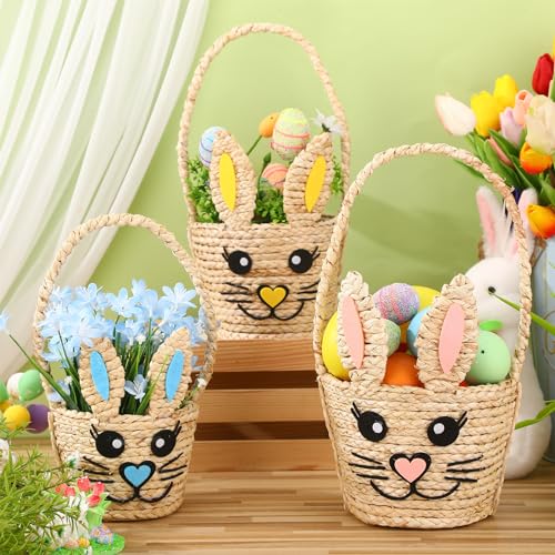 Image of SiliFine 3 Pack Easter Bunny Basket Decor Easter Woven Natural Straw Rabbit Basket with Handle Wicker Bunny Picnic Baskets Table Decor Cute Egg Hunt Baskets for Spring Party Supplies Gifts, 3 Sizes