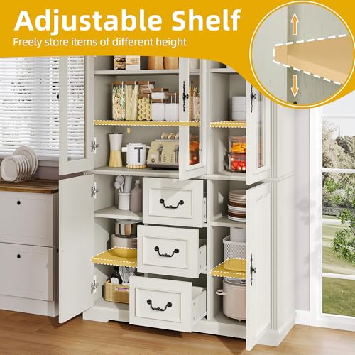 DWVO Large Storage Cabinet, 72" Tall Kitchen Pantry with Glass Doors, Freestanding Glass Display Cabinets with Adjustable Shelves & Drawers, Food China Hutch for Dining Room, Living Room, White