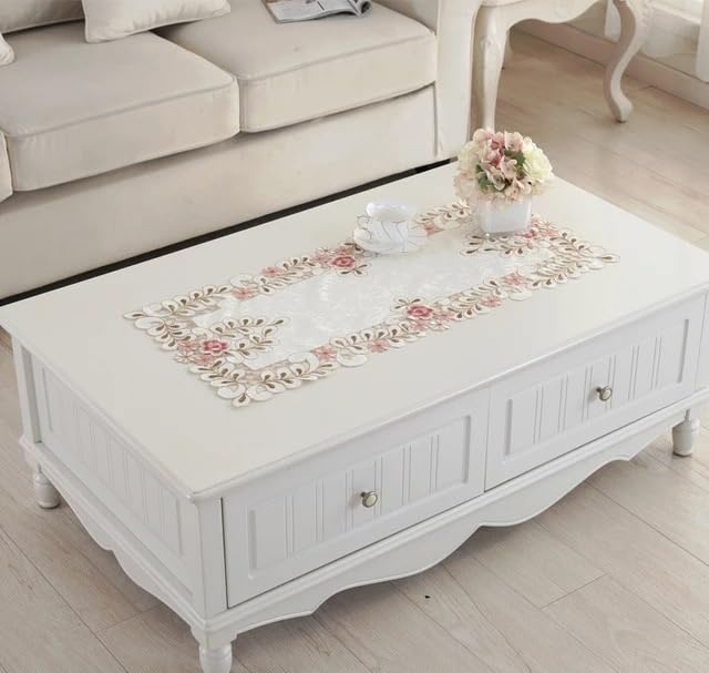 Image of MONKDECOR Floral Cutwork Design Centre / Coffee Table Runner (Size-16x33 Inches) - Satin EMB-03