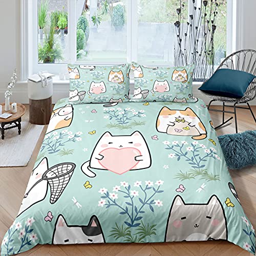 Juego de Funda Nórdica de Animales Lindo Gato Cat Azul Gris Beige Jardín Gatito Niña Juego de Cama Microfibra Niños Funda de edredón y Funda de Almohada (Color6, 150x210 cm,Cama 90 cm)